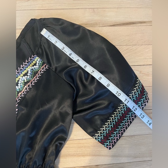 Arden B Boho A-Line cinched Waist Short Sleeve Boat Neck w/ Embroidery Black XS - Picture 8 of 11